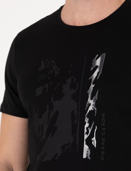 Siyah Slim Fit Baskılı Bisiklet Yaka Tişört - 50266145032