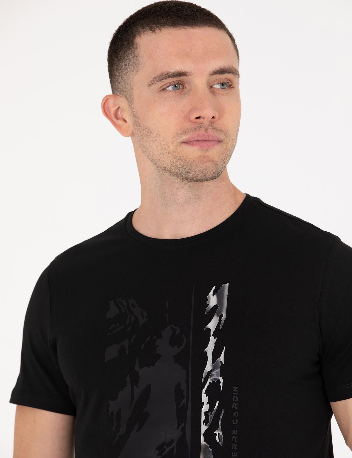 Siyah Slim Fit Baskılı Bisiklet Yaka Tişört - 50266145032