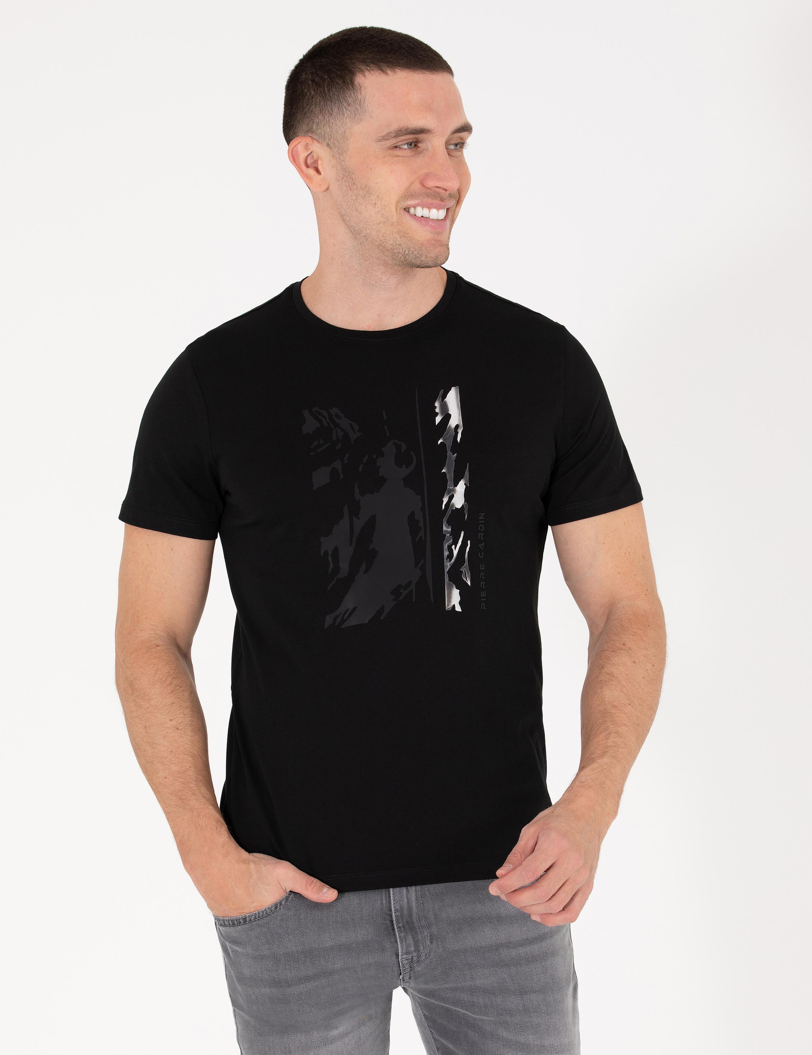 Siyah Slim Fit Baskılı Bisiklet Yaka Tişört