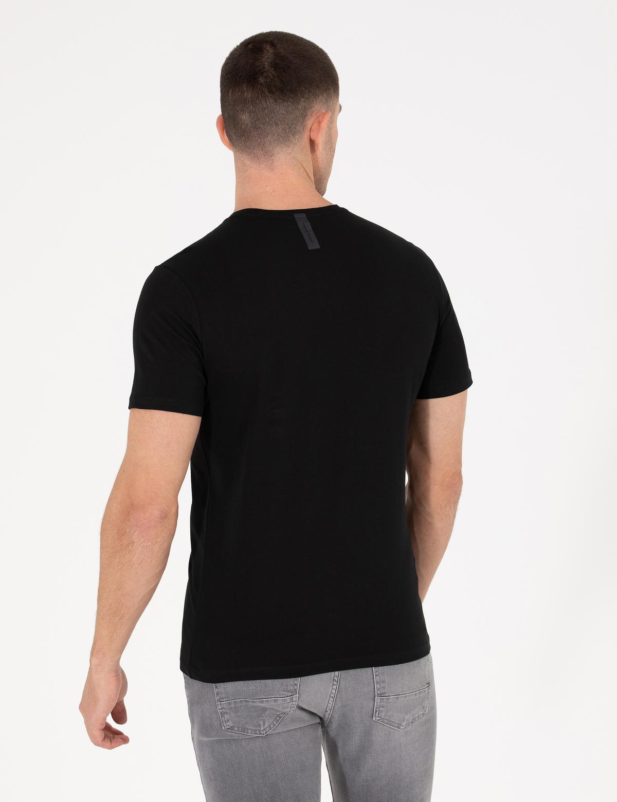 Siyah Slim Fit Baskılı Bisiklet Yaka Tişört - 50266145032