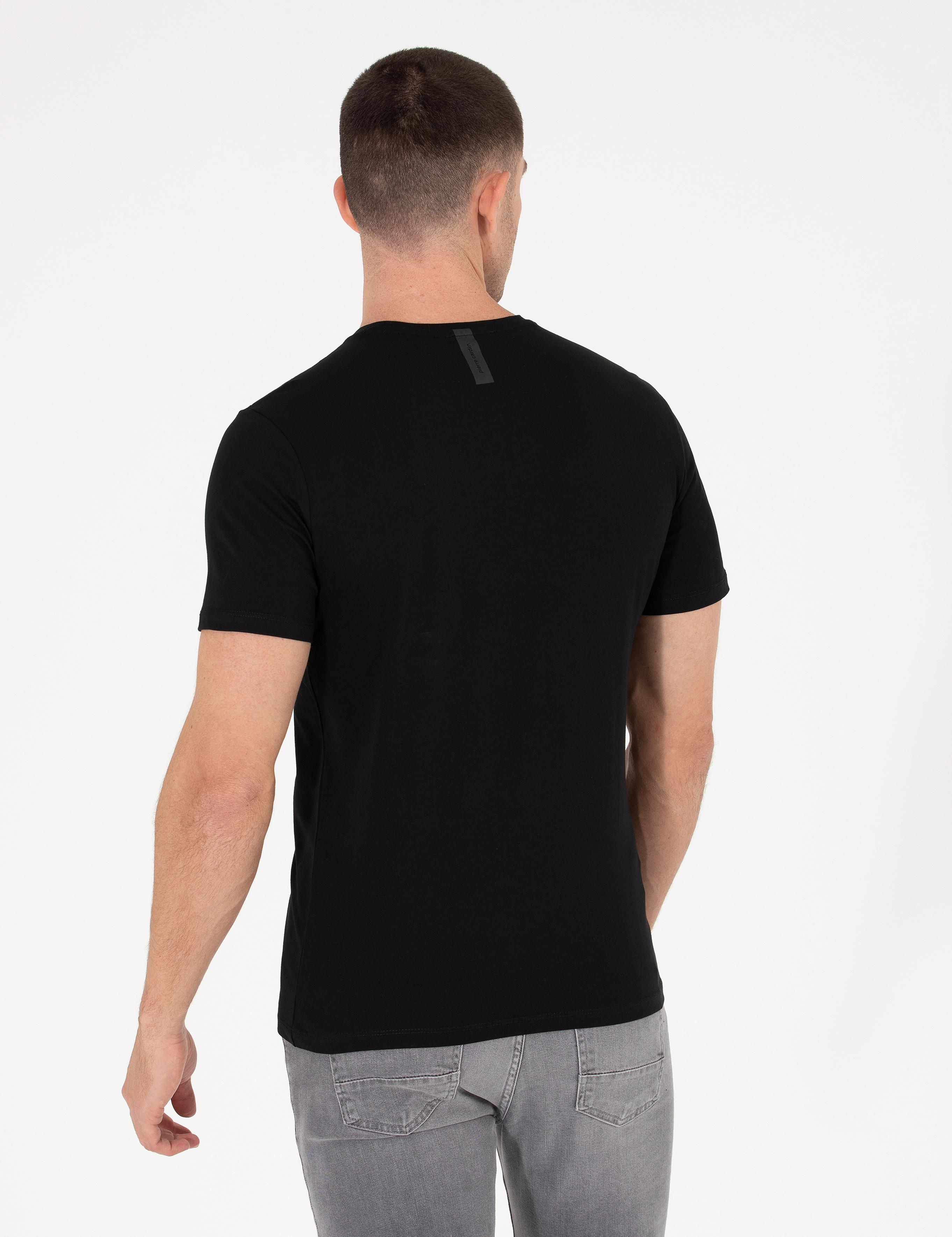 Siyah Slim Fit Baskılı Bisiklet Yaka Tişört