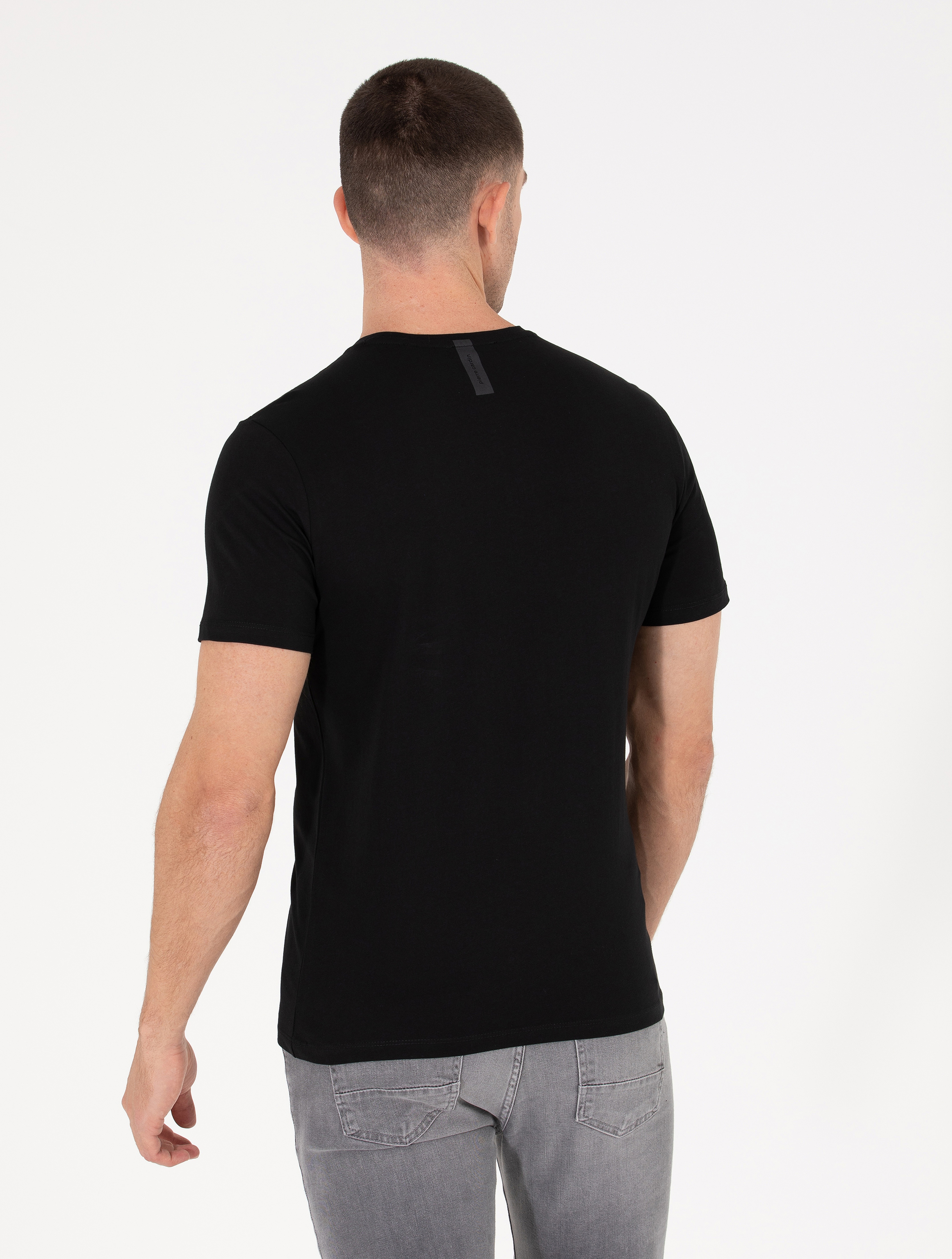 Siyah Slim Fit Baskılı Bisiklet Yaka Tişört - Image 5