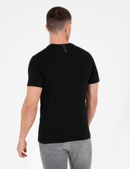 Siyah Slim Fit Baskılı Bisiklet Yaka Tişört - 50266145032