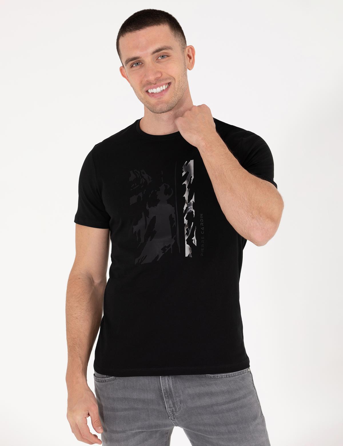 Siyah Slim Fit Baskılı Bisiklet Yaka Tişört - 50266145032