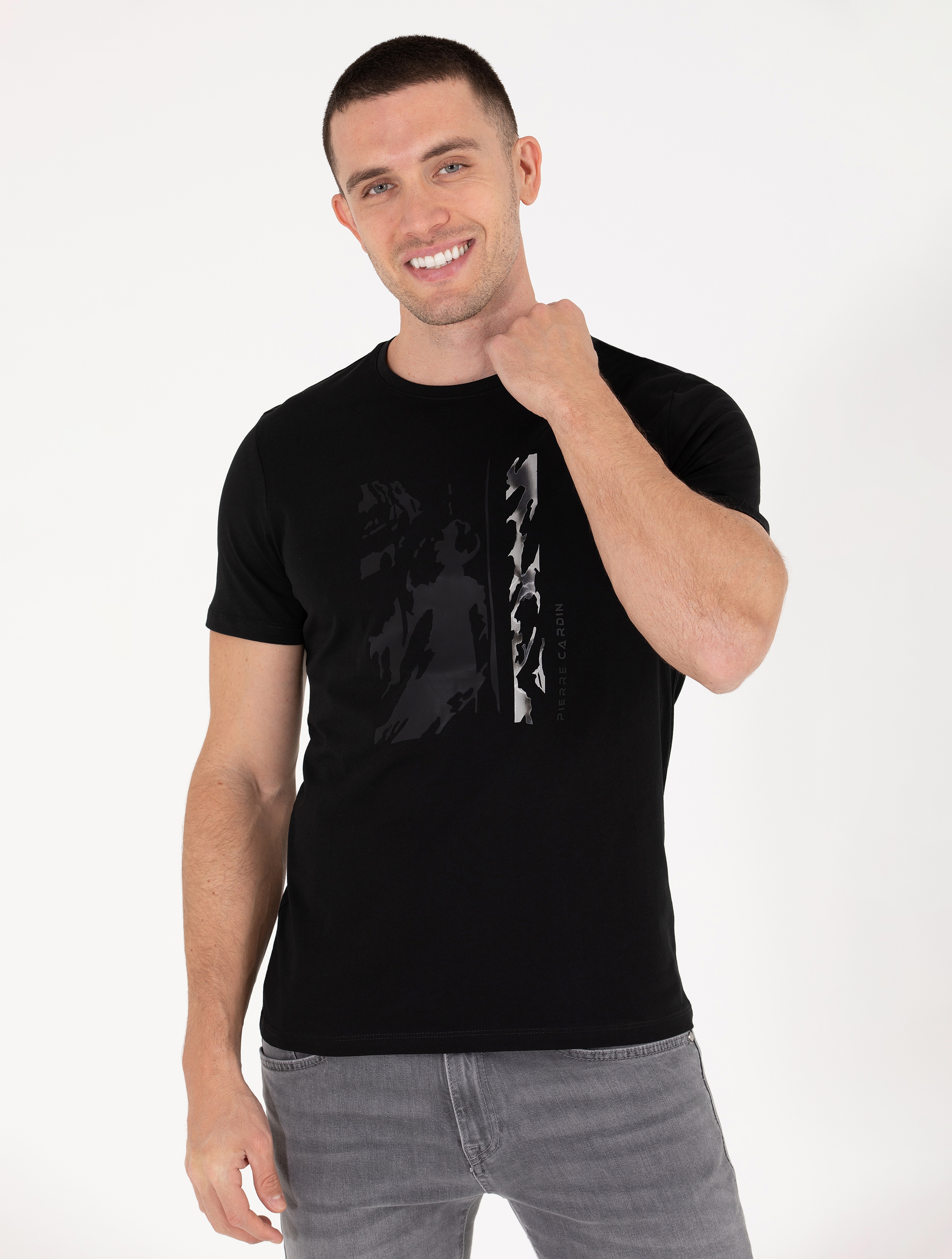 Siyah Slim Fit Baskılı Bisiklet Yaka Tişört - Image 3
