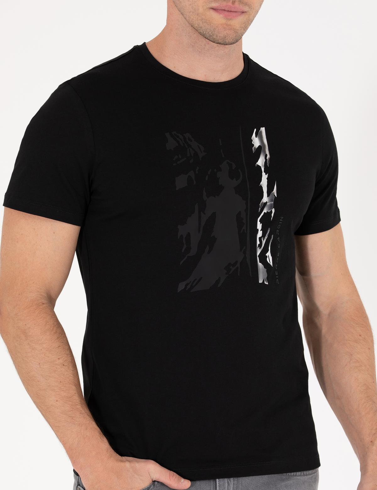 Siyah Slim Fit Baskılı Bisiklet Yaka Tişört - 50266145032