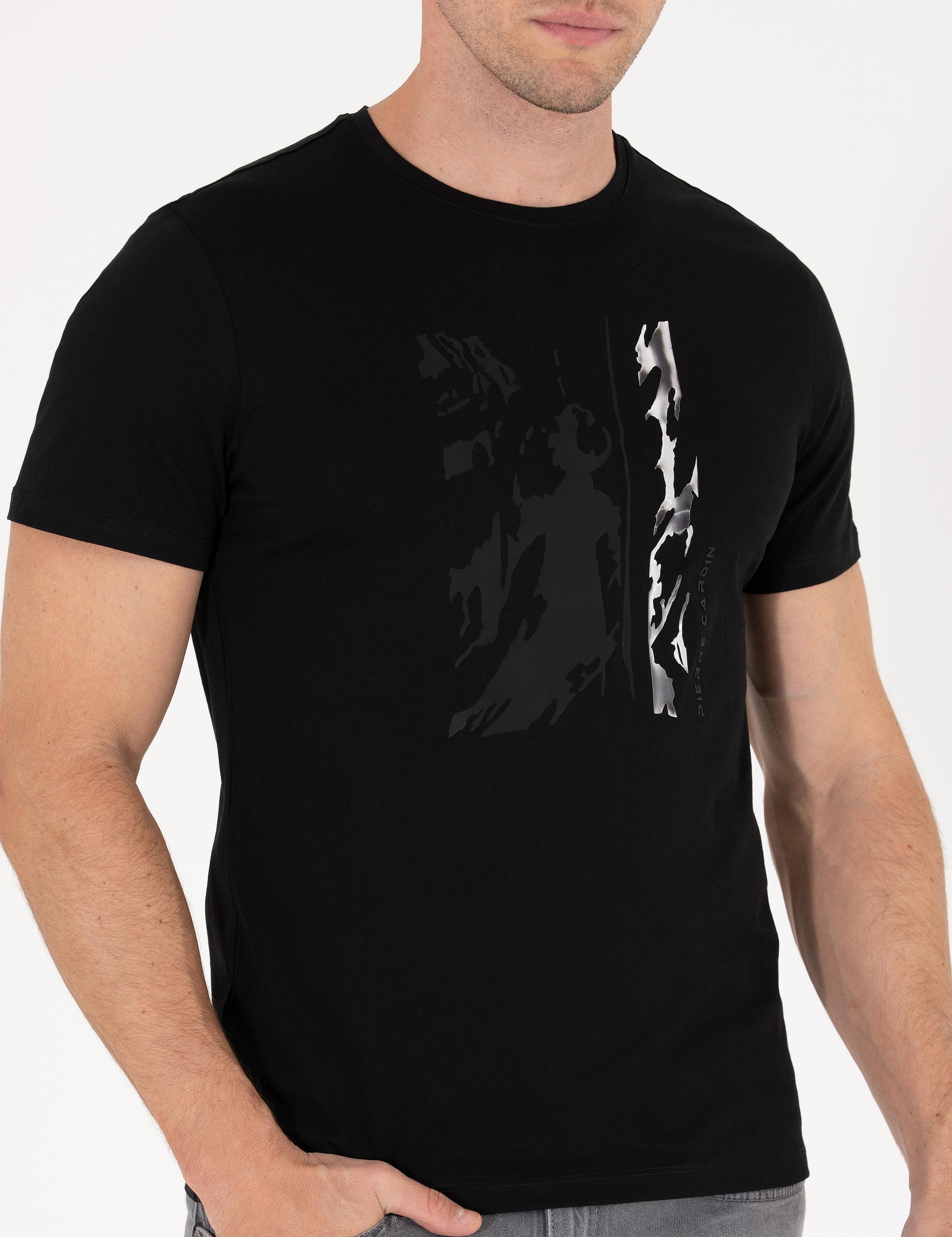 Siyah Slim Fit Baskılı Bisiklet Yaka Tişört