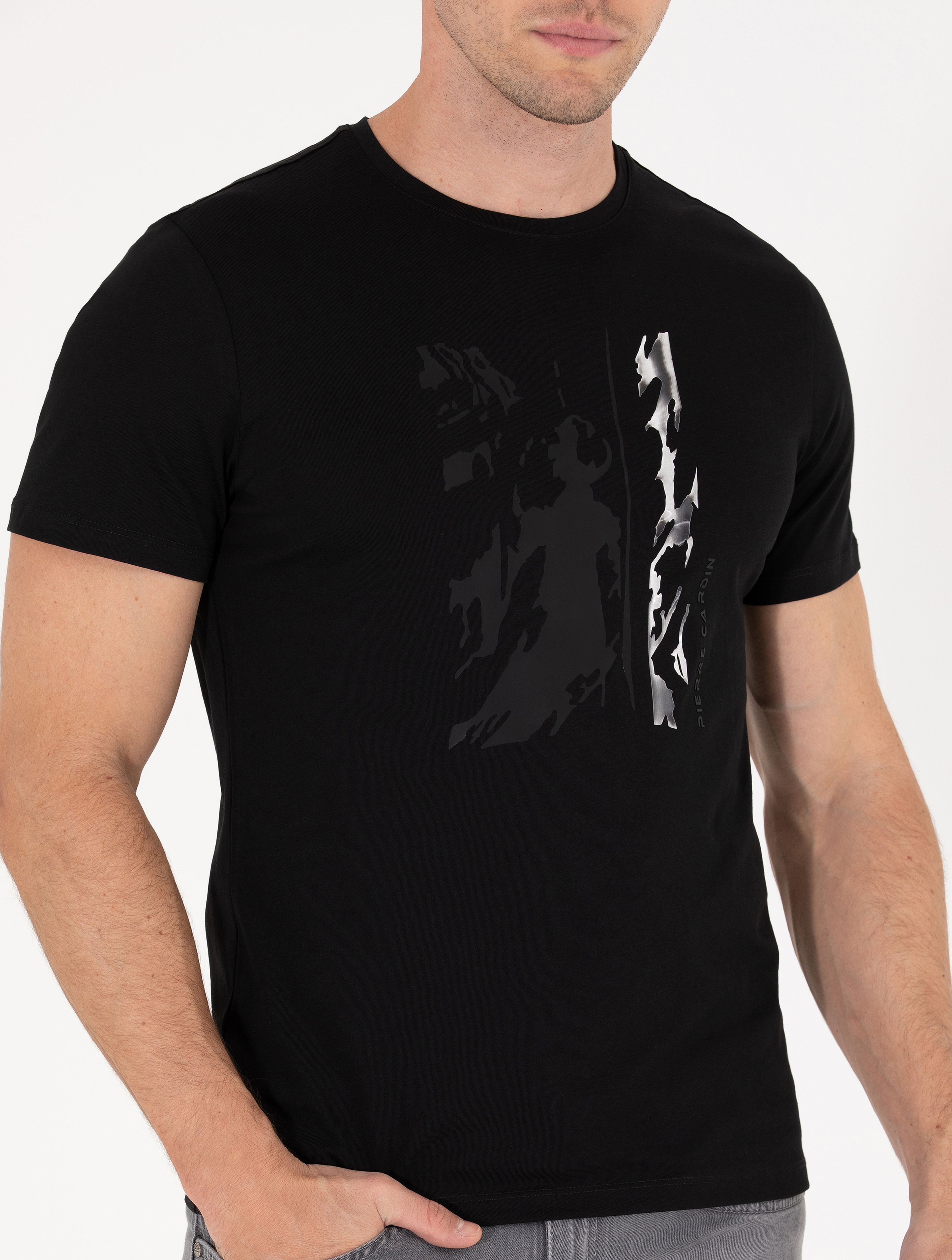 Siyah Slim Fit Baskılı Bisiklet Yaka Tişört - Image 6