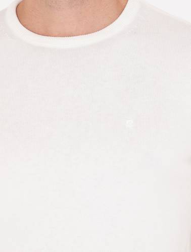 Ekru Slim Fit Bisiklet Yaka Basic Triko Kazak