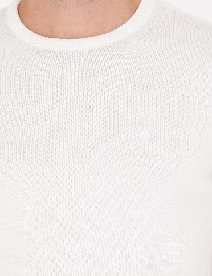 Ekru Slim Fit Bisiklet Yaka Basic Triko Kazak