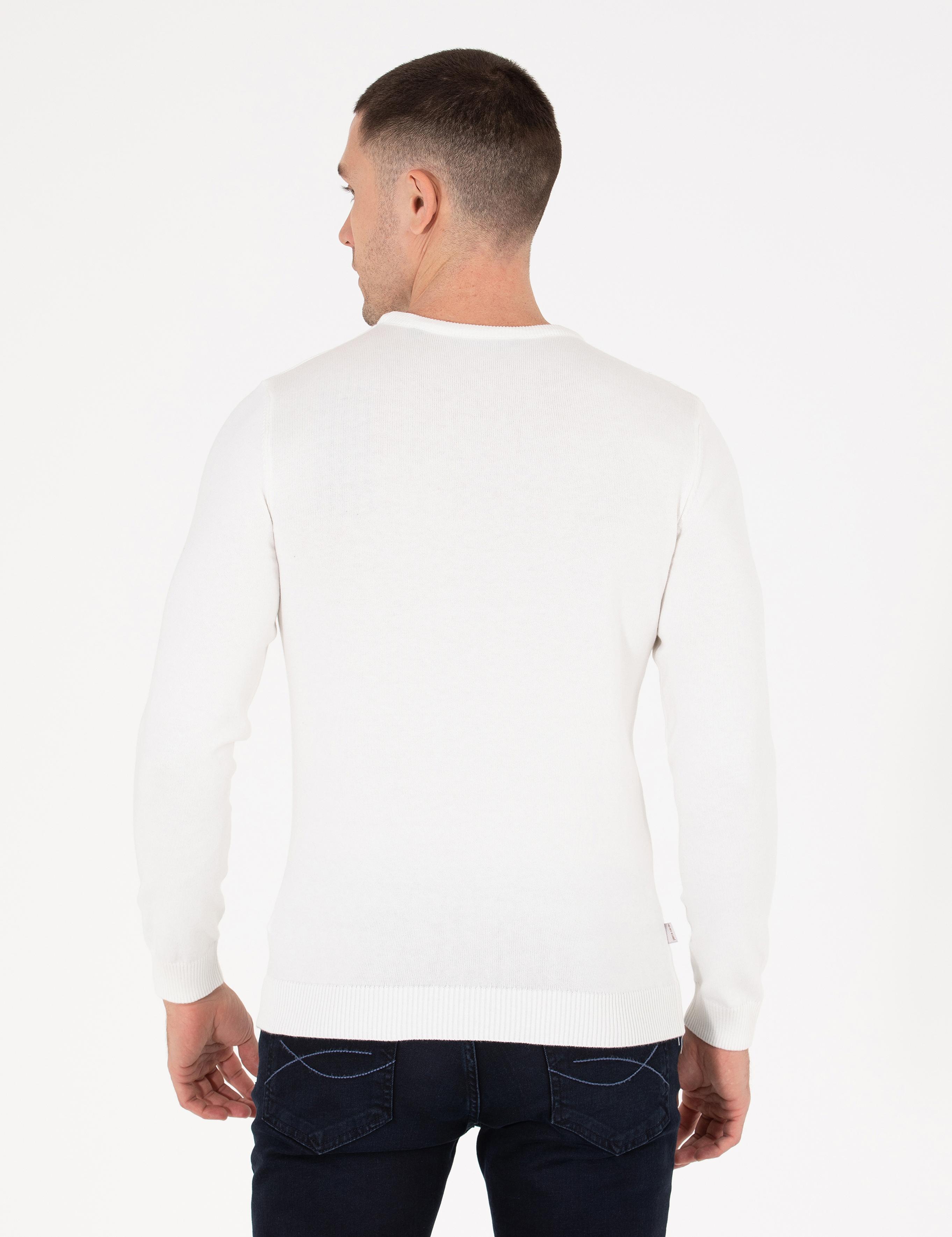 Ekru Slim Fit Bisiklet Yaka Basic Triko Kazak