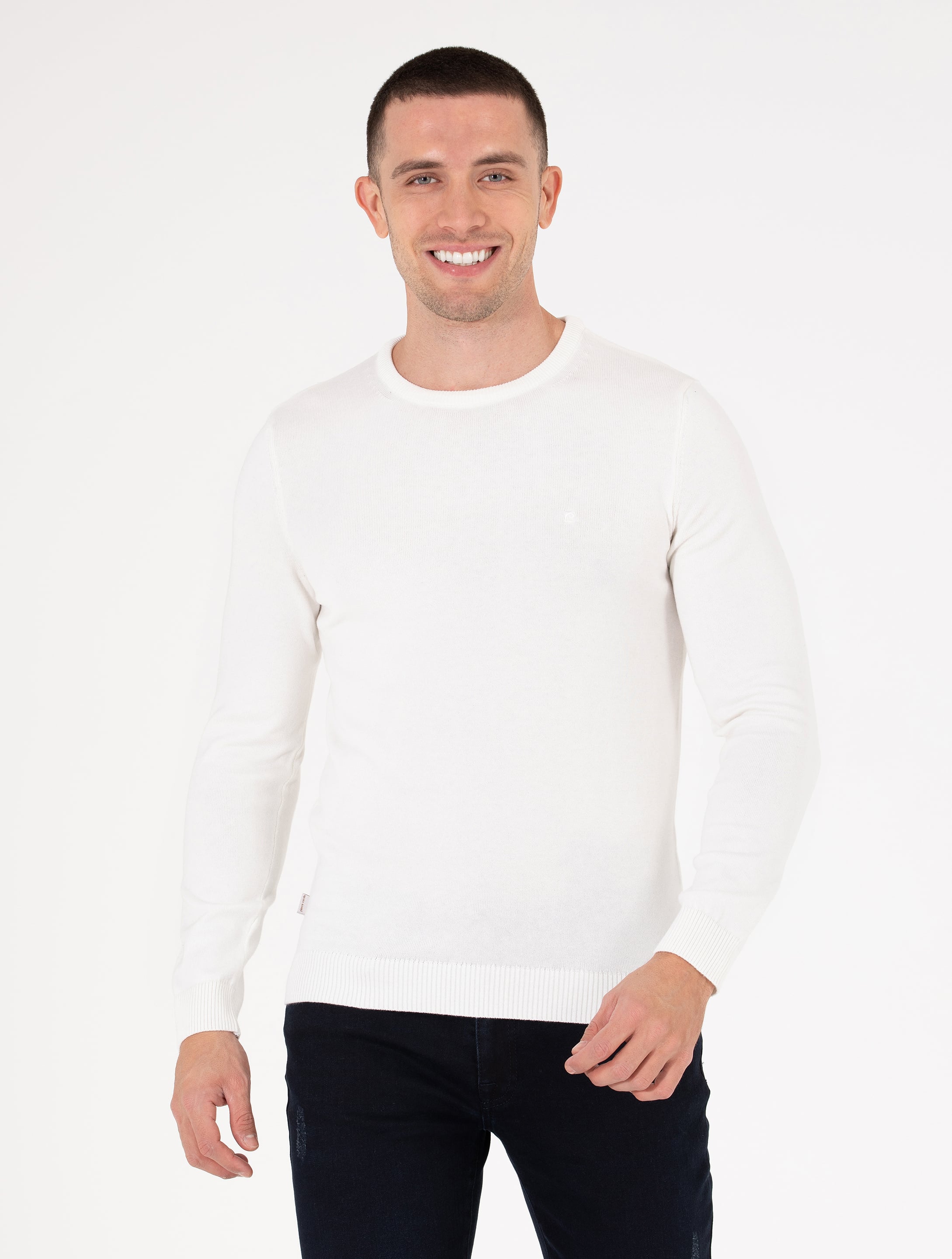 Pierre Cardin Ekru Slim Fit Bisiklet Yaka Basic Triko Kazak görsel 2