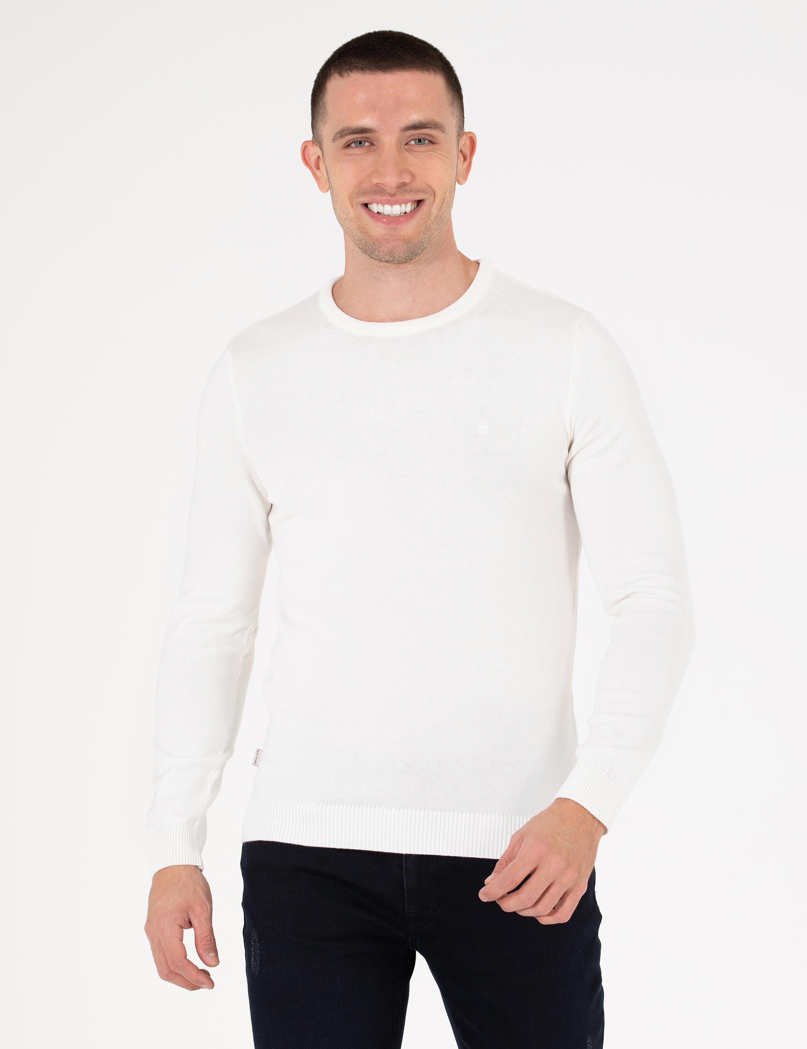 Ekru Slim Fit Bisiklet Yaka Basic Triko Kazak