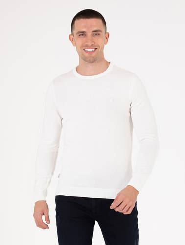 Ekru Slim Fit Bisiklet Yaka Basic Triko Kazak
