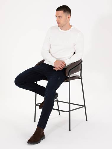 Ekru Slim Fit Bisiklet Yaka Basic Triko Kazak