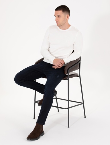 Ekru Slim Fit Bisiklet Yaka Basic Triko Kazak