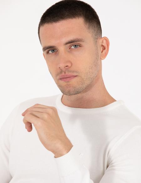 Ekru Slim Fit Bisiklet Yaka Basic Triko Kazak - 50270179143