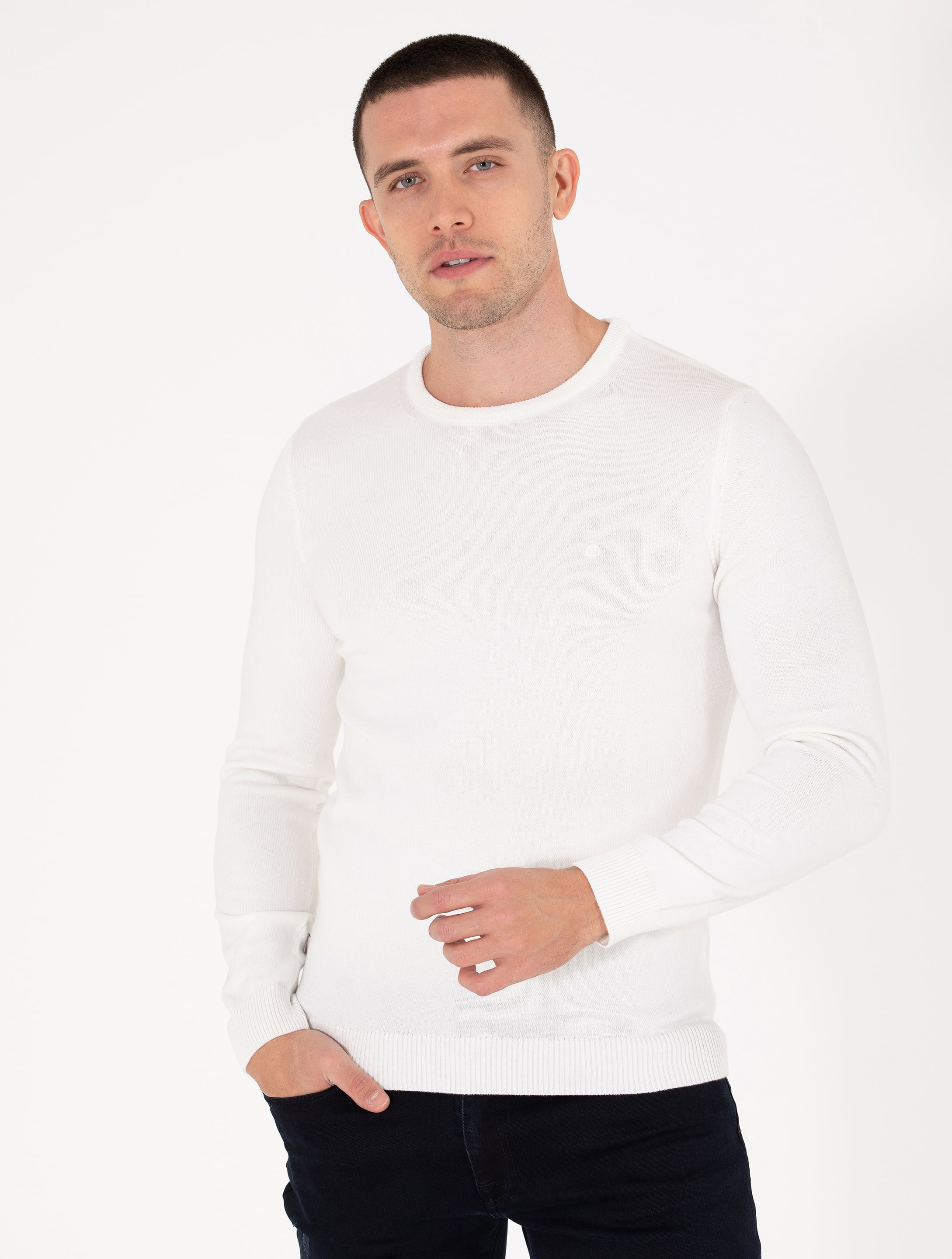 Pierre Cardin Ekru Slim Fit Bisiklet Yaka Basic Triko Kazak görsel 4