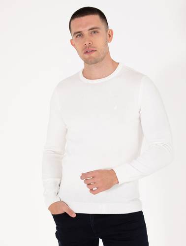 Ekru Slim Fit Bisiklet Yaka Basic Triko Kazak