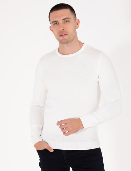 Ekru Slim Fit Bisiklet Yaka Basic Triko Kazak - 50270179143