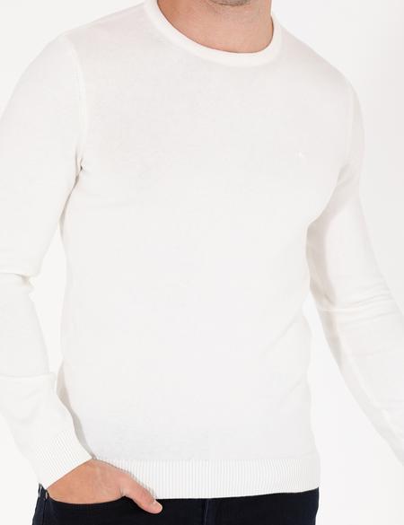 Ekru Slim Fit Bisiklet Yaka Basic Triko Kazak - 50270179143