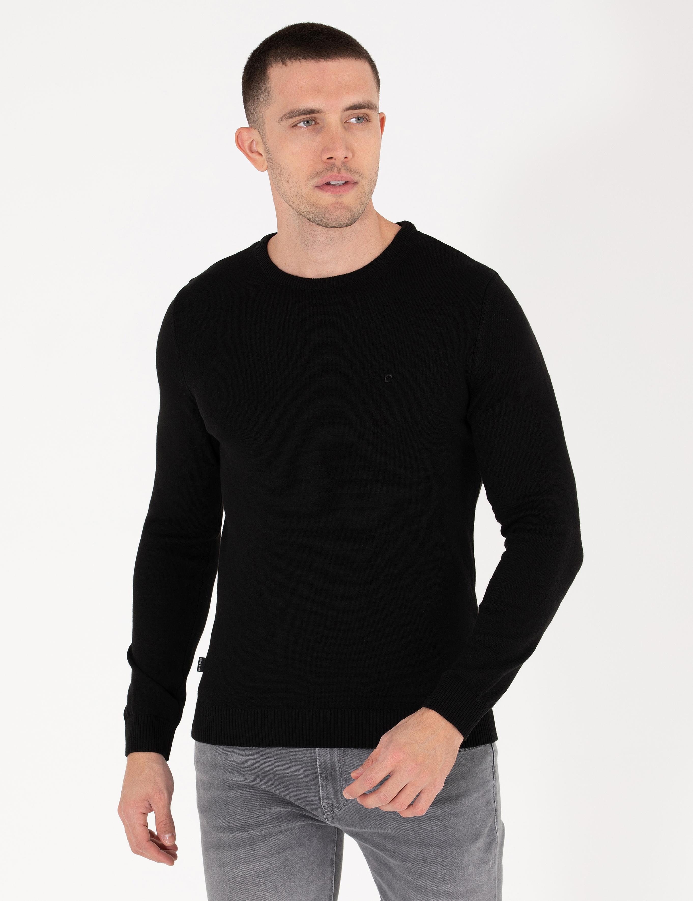 Siyah Slim Fit Bisiklet Yaka Basic Triko Kazak