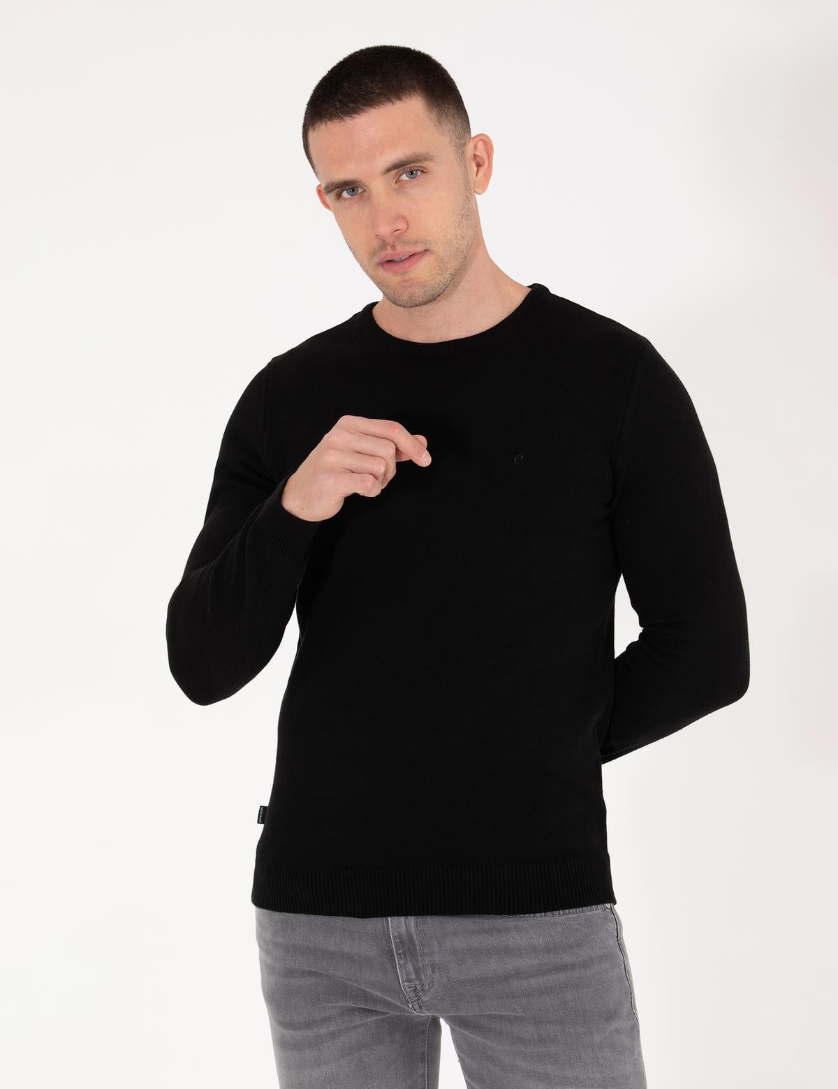 Siyah Slim Fit Bisiklet Yaka Basic Triko Kazak