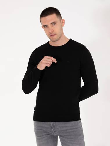 Siyah Slim Fit Bisiklet Yaka Basic Triko Kazak