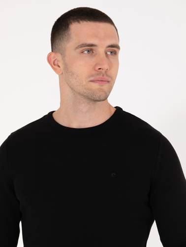 Siyah Slim Fit Bisiklet Yaka Basic Triko Kazak
