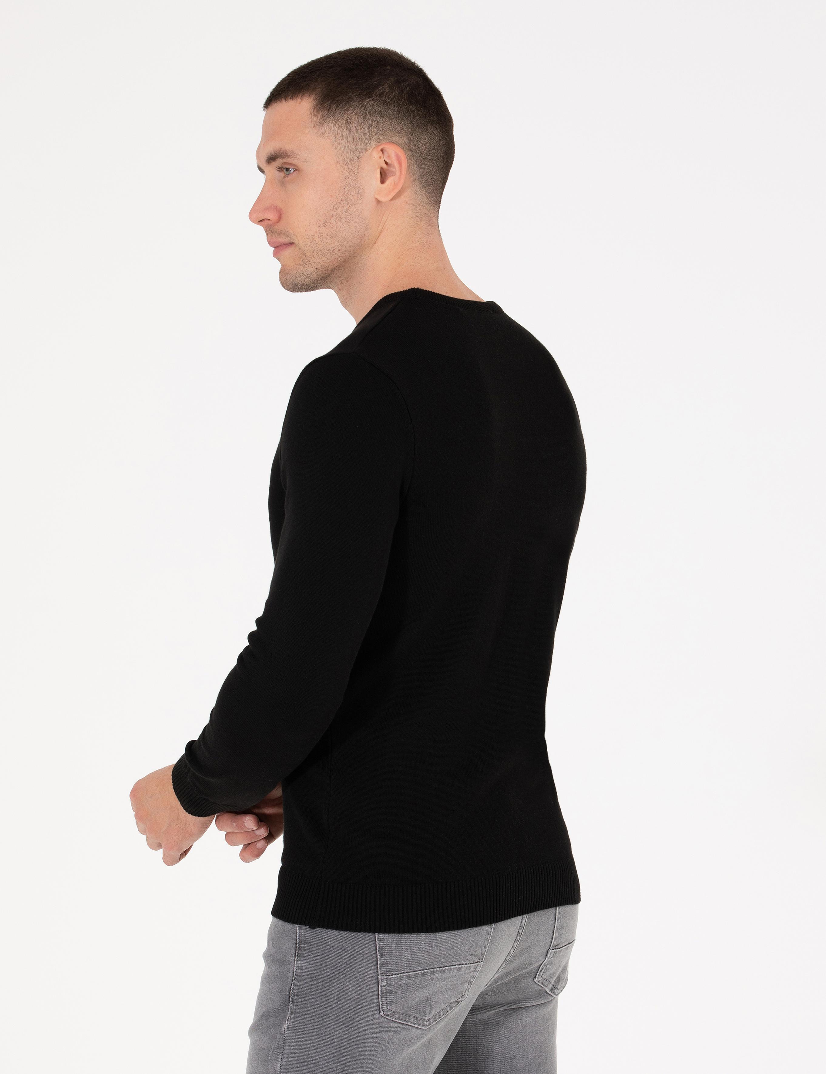 Siyah Slim Fit Bisiklet Yaka Basic Triko Kazak