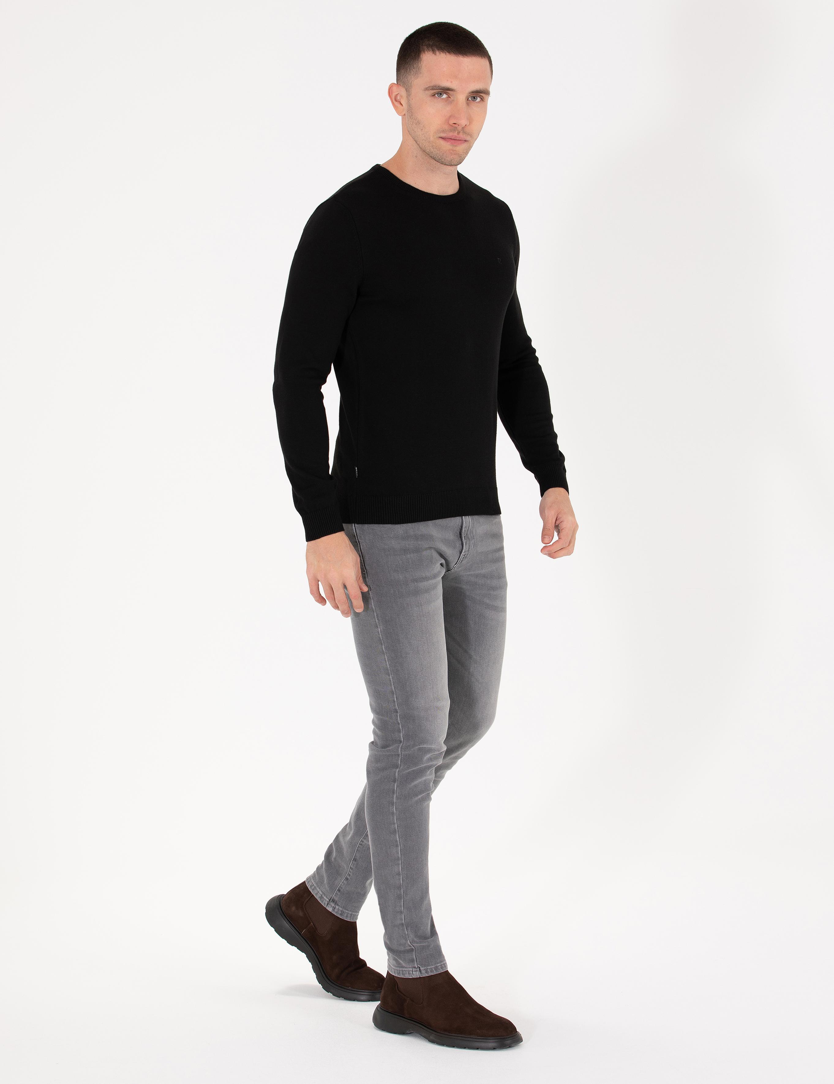 Siyah Slim Fit Bisiklet Yaka Basic Triko Kazak