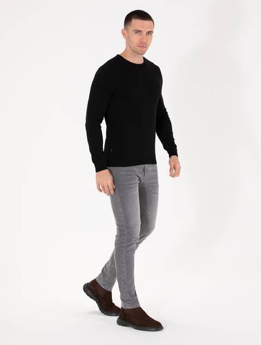 Siyah Slim Fit Bisiklet Yaka Basic Triko Kazak