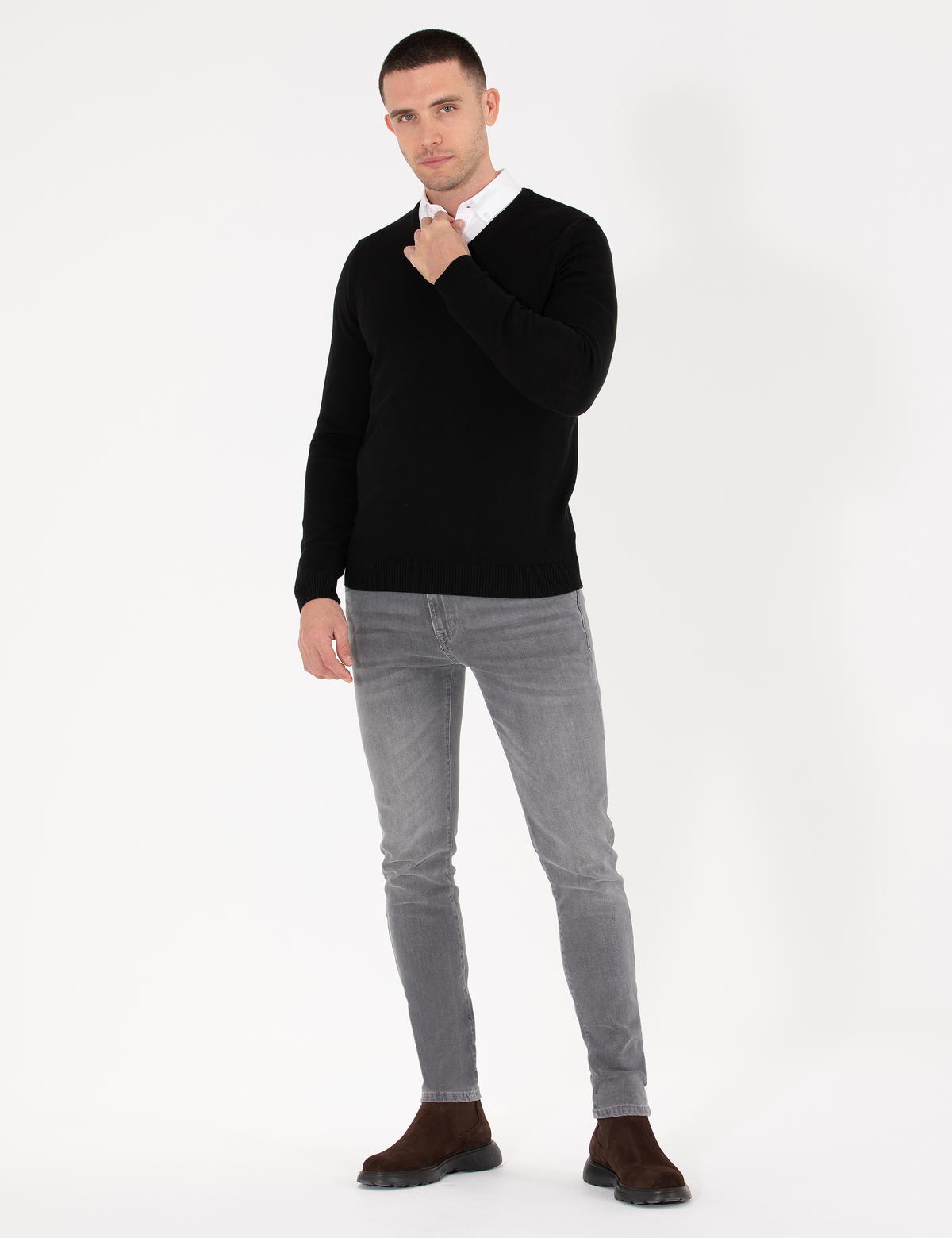 Siyah Slim Fit V Yaka Basic Triko Kazak - 50276156006