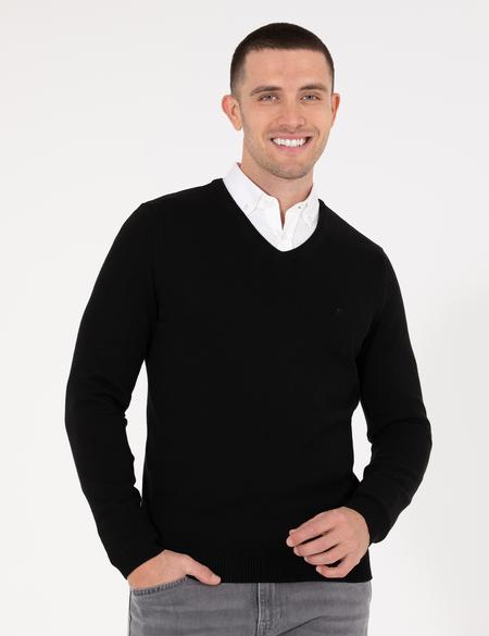 Siyah Slim Fit V Yaka Basic Triko Kazak - 50276156006