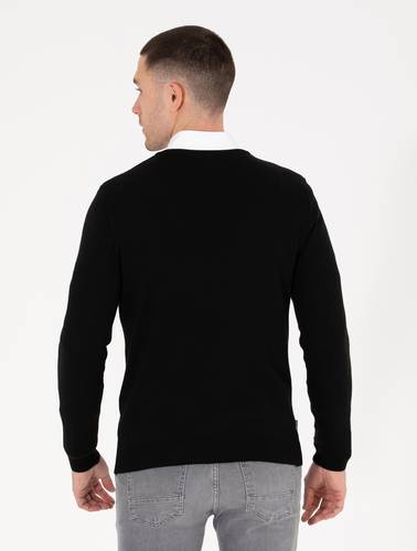 Siyah Slim Fit V Yaka Basic Triko Kazak