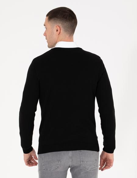 Siyah Slim Fit V Yaka Basic Triko Kazak - 50276156006