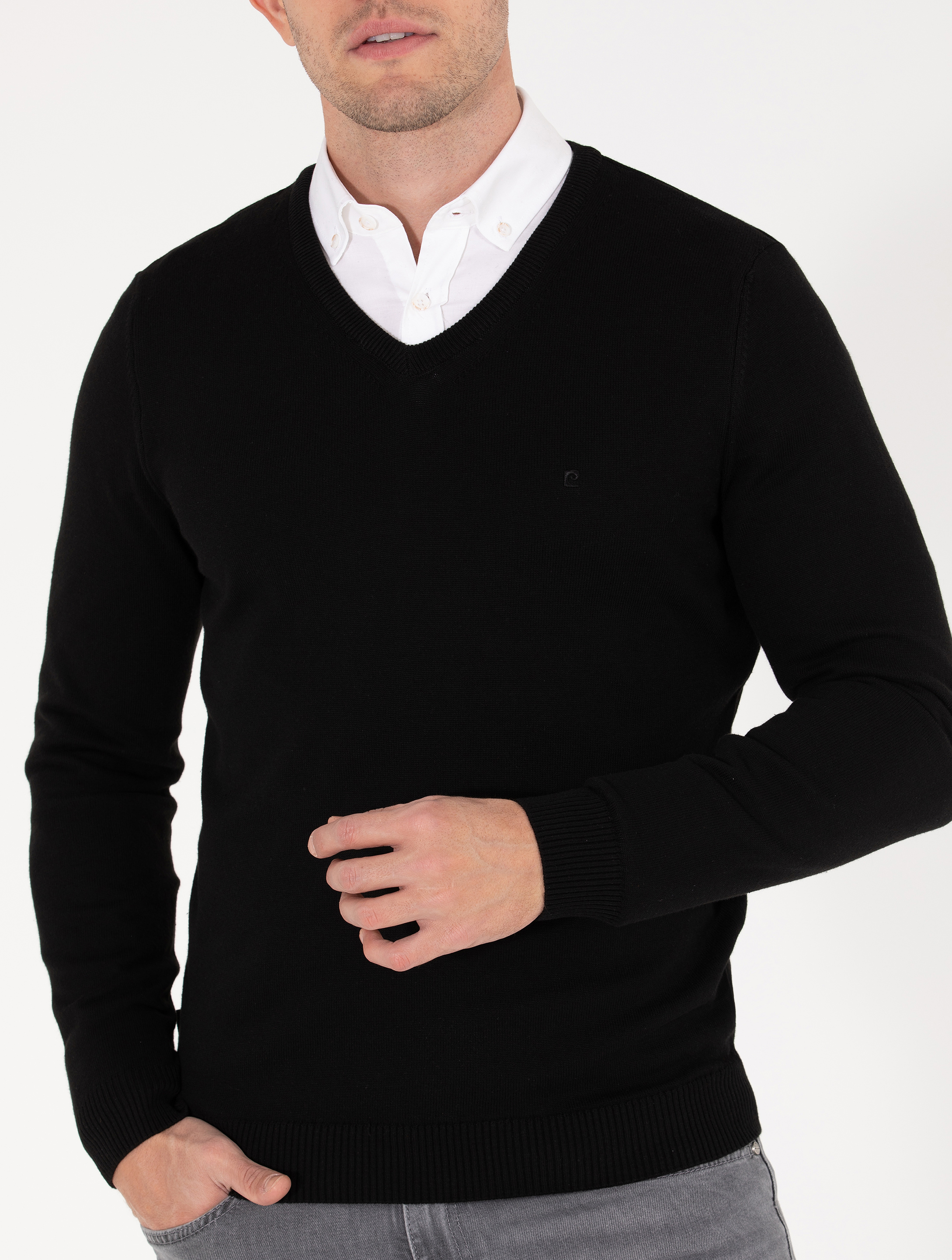 Pierre Cardin Siyah Slim Fit V Yaka Basic Triko Kazak görsel 6