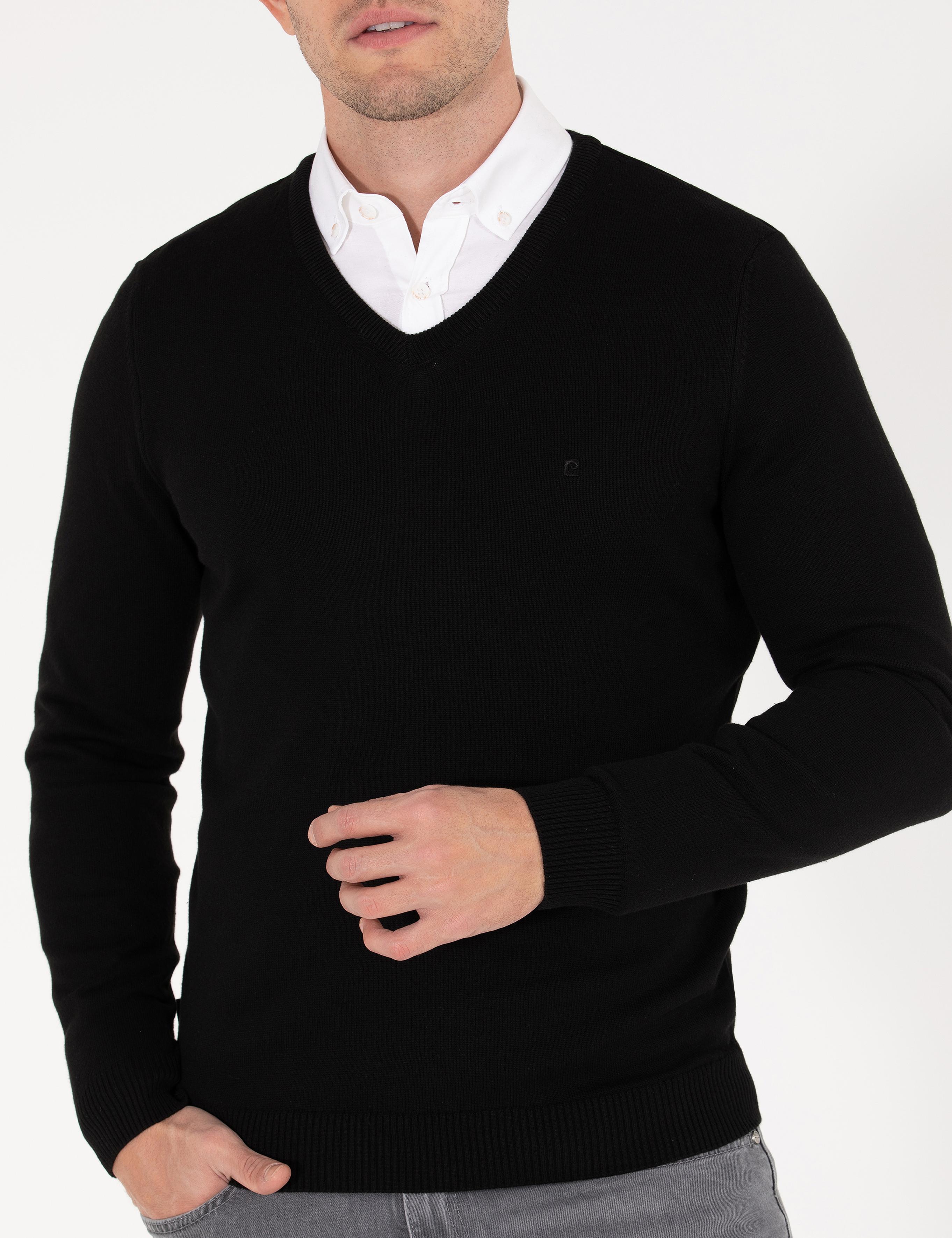 Siyah Slim Fit V Yaka Basic Triko Kazak