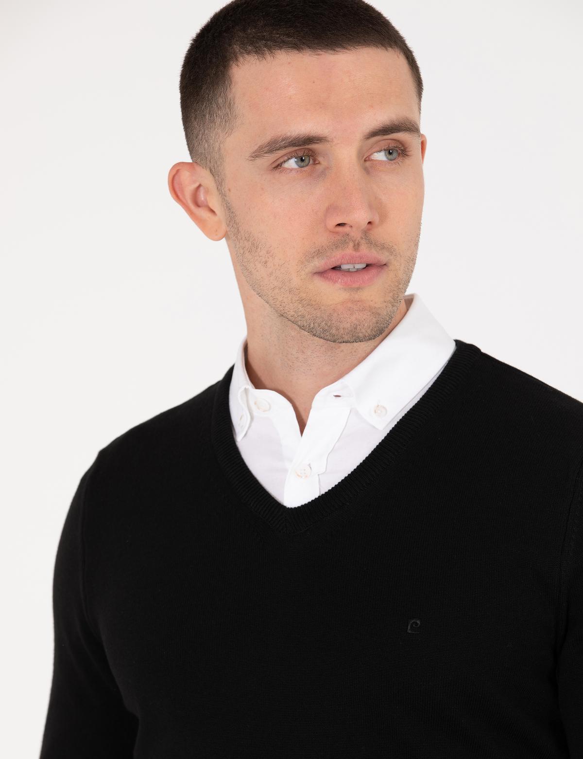 Siyah Slim Fit V Yaka Basic Triko Kazak - 50276156006