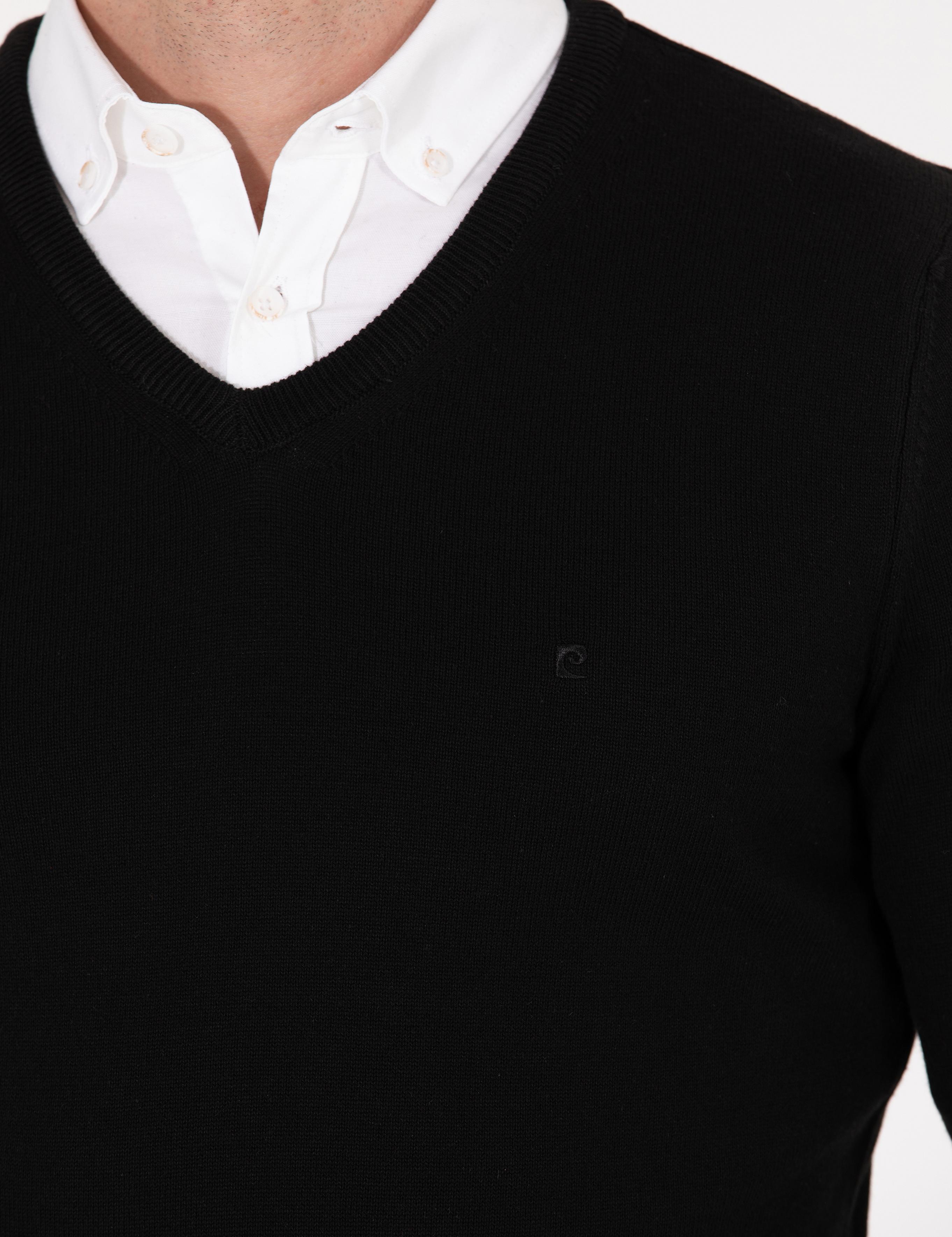 Siyah Slim Fit V Yaka Basic Triko Kazak