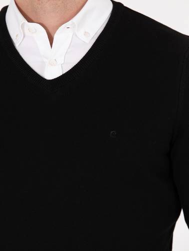 Siyah Slim Fit V Yaka Basic Triko Kazak