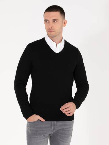 Siyah Slim Fit V Yaka Basic Triko Kazak