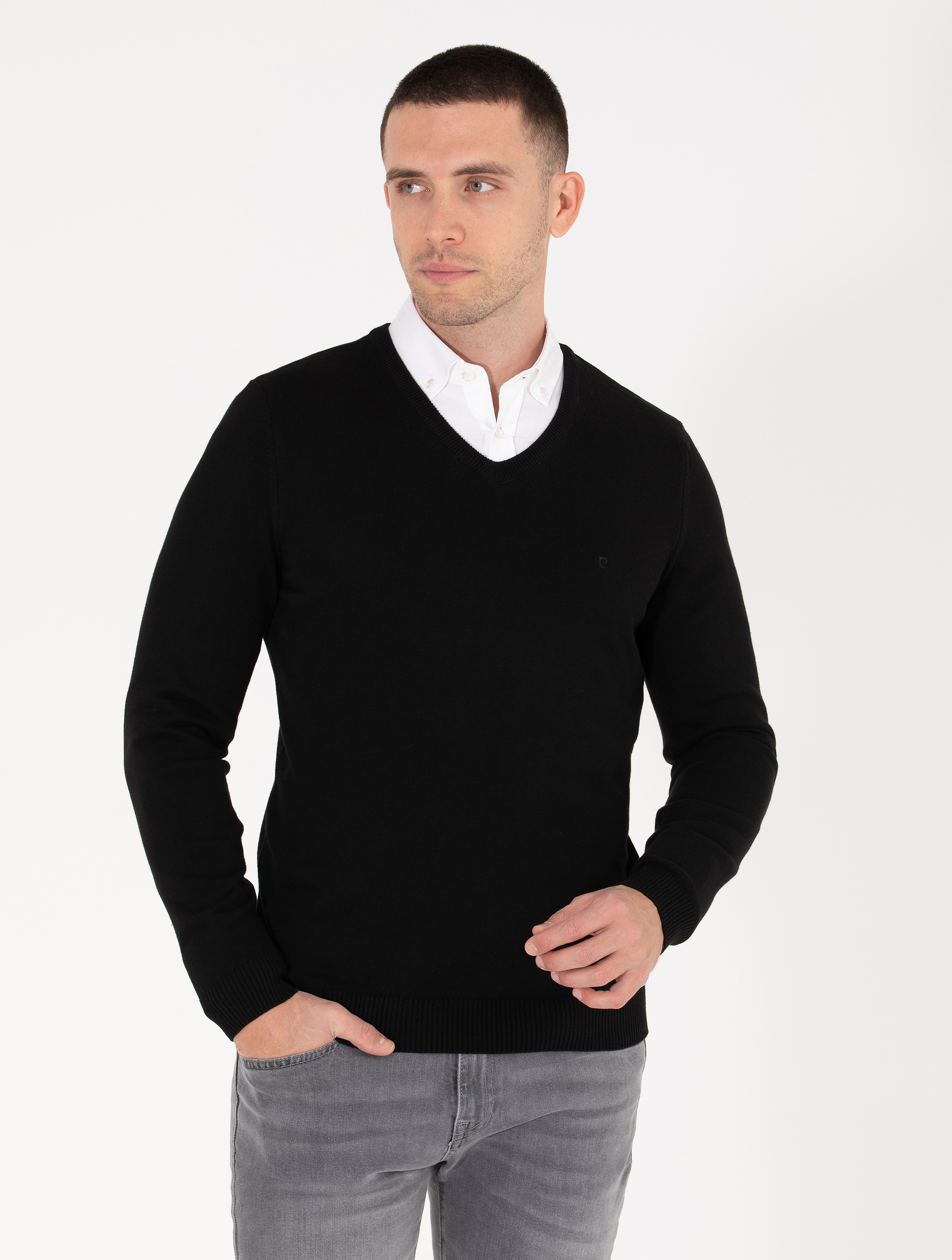 Siyah Slim Fit V Yaka Basic Triko Kazak