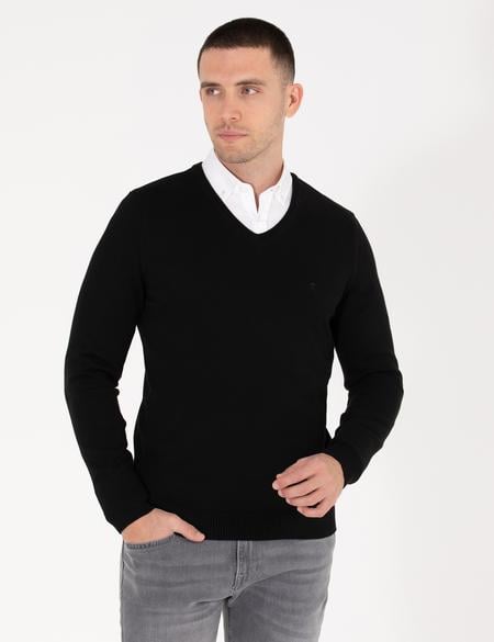 Siyah Slim Fit V Yaka Basic Triko Kazak - 50276156006