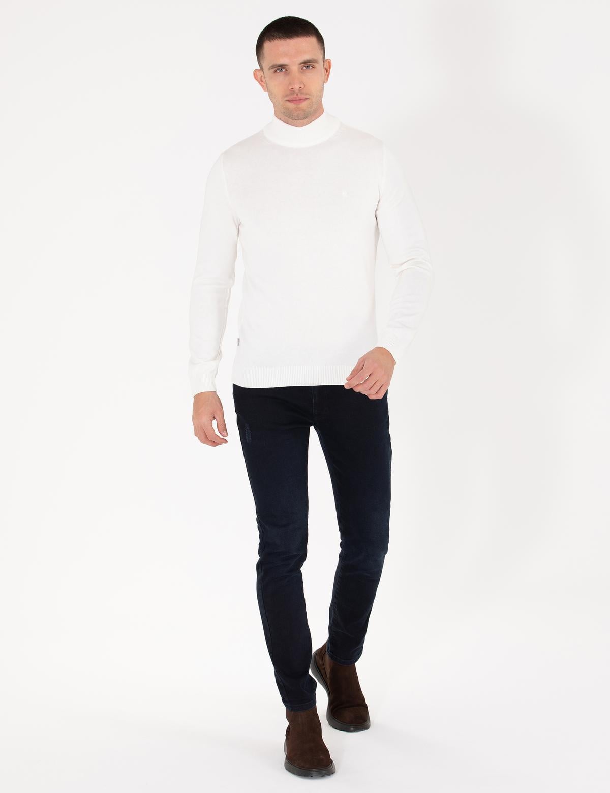 Ekru Slim Fit Yarım Balıkçı Yaka Basic Triko Kazak - 50276161014