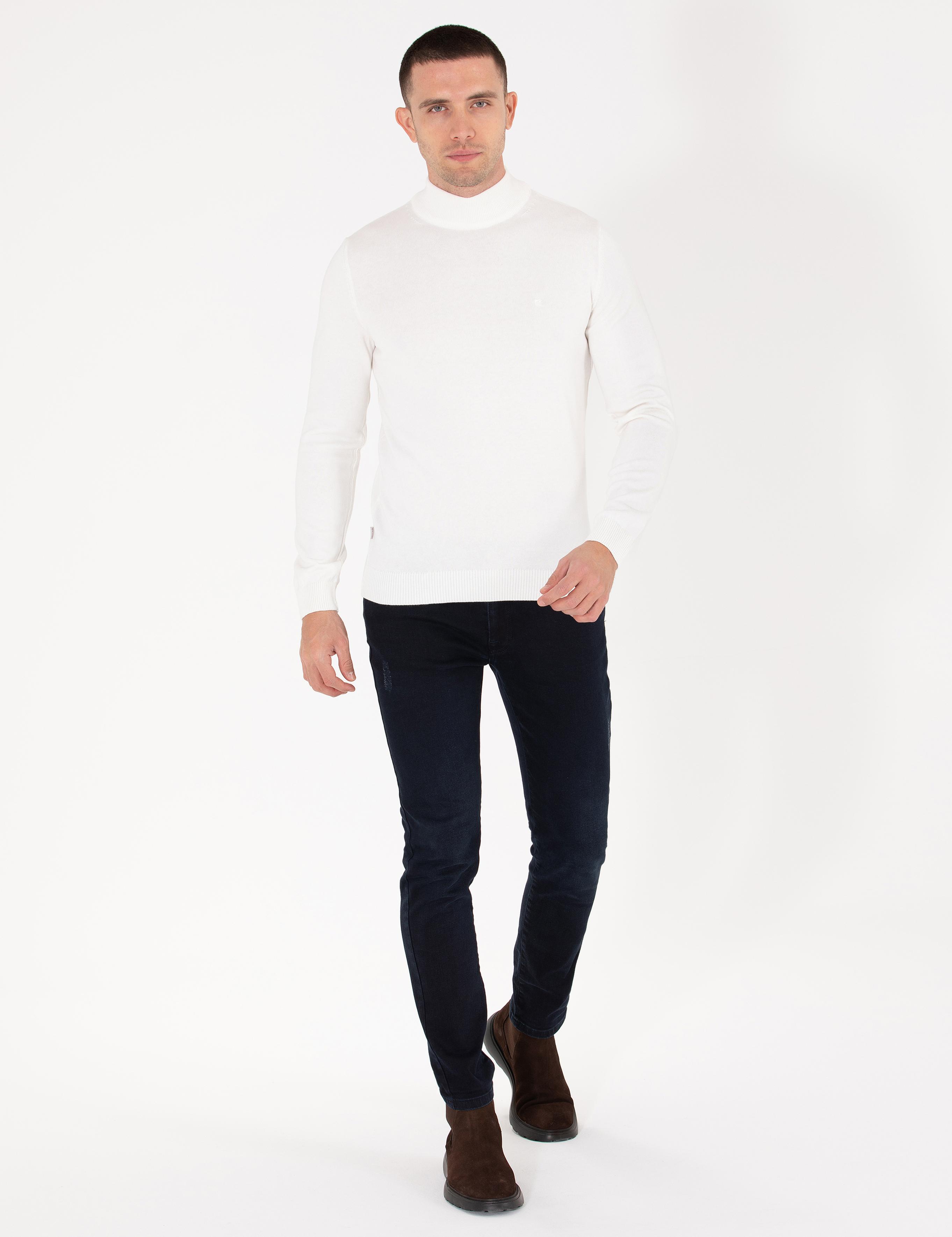 Ekru Slim Fit Yarım Balıkçı Yaka Basic Triko Kazak