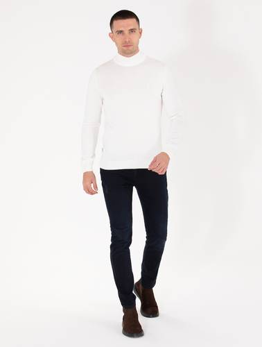 Ekru Slim Fit Yarım Balıkçı Yaka Basic Triko Kazak