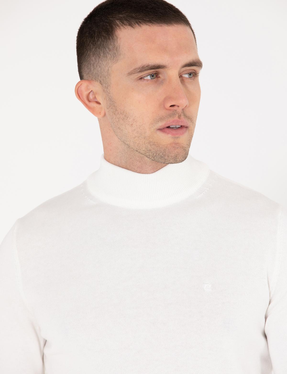 Ekru Slim Fit Yarım Balıkçı Yaka Basic Triko Kazak - 50276161014