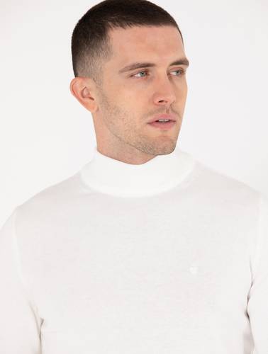 Ekru Slim Fit Yarım Balıkçı Yaka Basic Triko Kazak