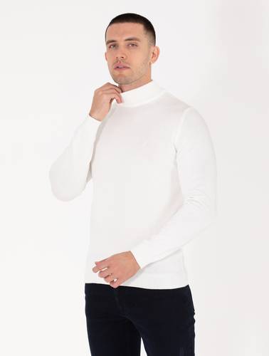 Ekru Slim Fit Yarım Balıkçı Yaka Basic Triko Kazak